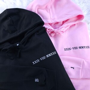 Valentine Hoodies for Couple, Roman Numeral Embroidered Matching Initial Sweatshirt, Personalised Date Initial Heart GF BF Hoody, Unisex Top