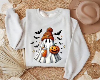 Cute Ghost Sweatshirt, Halloween Pumpkin Spice Sweater, Vintage Spooky Ghost Printed Jumper, Autumn Fall Sweater, Halloweeen Gifts for Her
