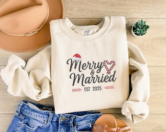 Geborduurd Merry & Married-sweater, trui met ronde hals, de heer en mevrouw, bijpassende kersttrui voor koppels, trui net getrouwd, cadeau voor haar