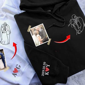 Personalised Photo Portrait Hoodie, Embroidered Couple Outline Drawing Hoody, Custom Initial on Sleeve Matching Jumper, Anniversary Gifts