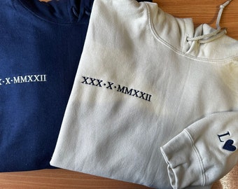 Embroidered Roman Numeral Hoodie, Custom Anniversary Couples Hoody, GF BF Matching Partner Pullover Sweatshirt, Custom Initials Wife Jumper