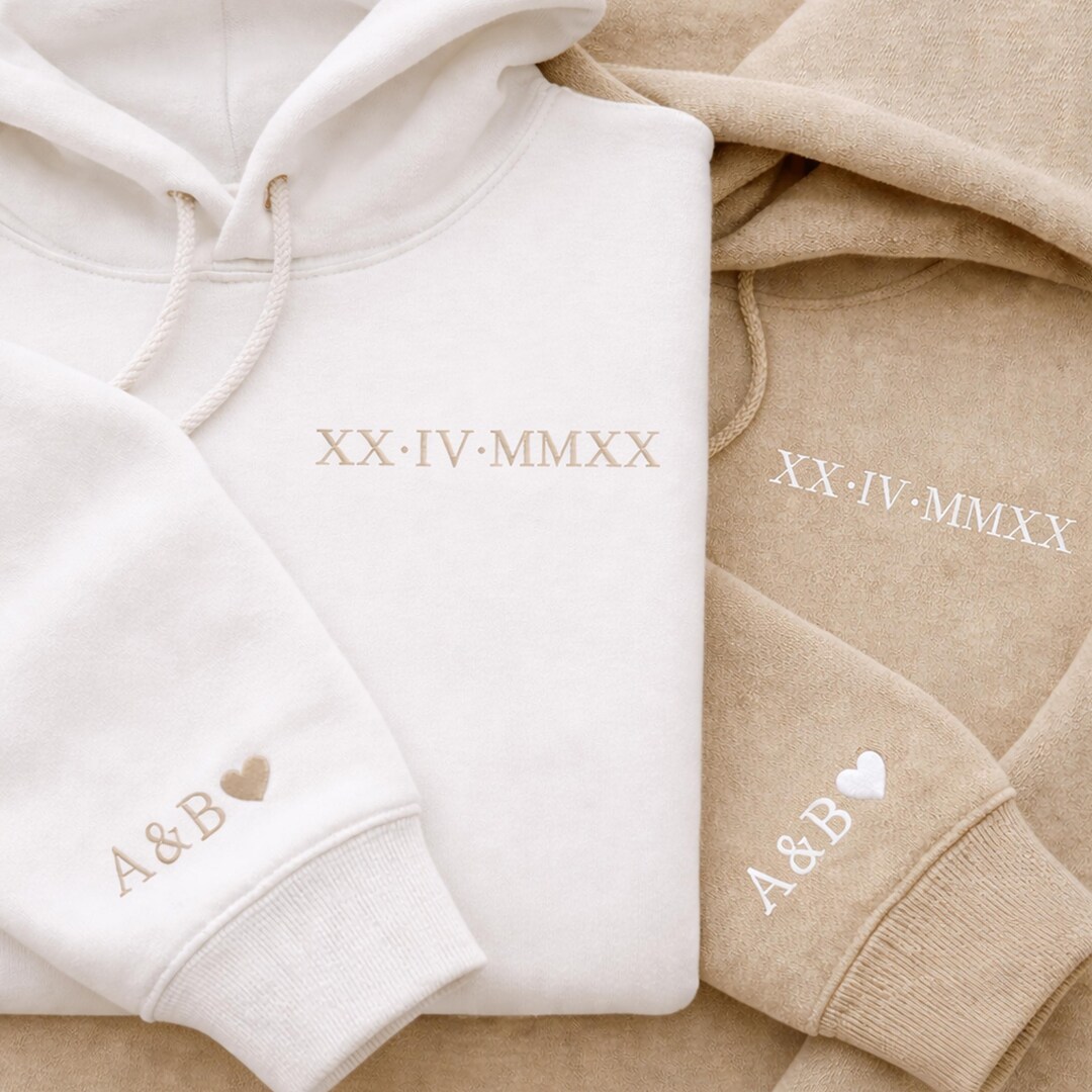 Embroidered Roman Numeral Hoodie, Custom Initials With Heart Sleeve