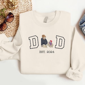 Embroidered Daddy Photo Sweatshirt, Personalised Sketch From Portrait Sweater, Custom Dad Est Year With Name Jumper, Father Day Gift for Him