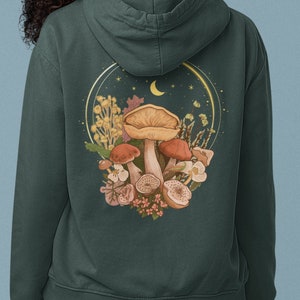 Mushroom Cottagecore Hoodie, Aesthetic Magic Mushroom Wildflower Back Print Unisex Hoody, Botanical Plant Nature Clothing Mushroom Lover Top