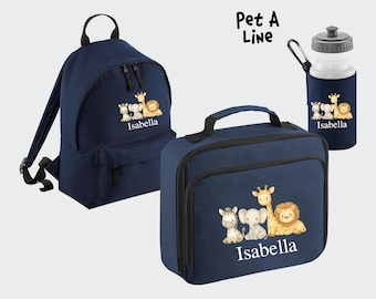 Gepersonaliseerde rugzakset terug naar school, safari lunchtas waterfles en rugzak, aangepaste bedrukte rugzak met kindernaam, cadeau kleuterschool