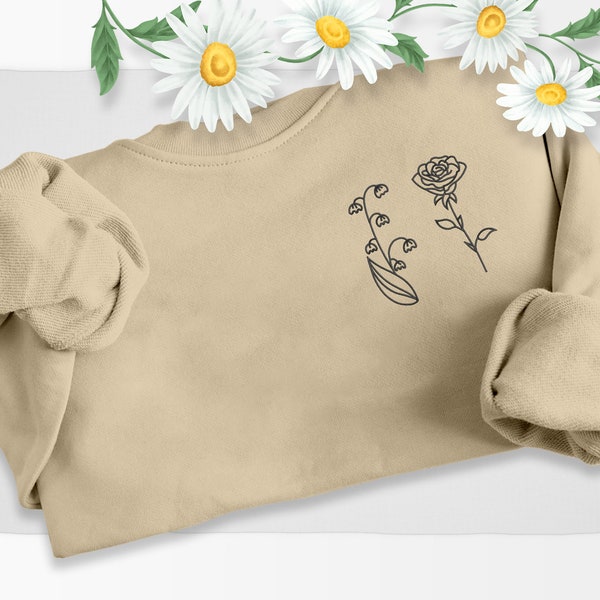 Birth Month Flower Custom Sweatshirt, Embroidered Wildflower Name Crewneck Sweater, Vintage Jumper, Plant Nature Lover Top Mom Dad Nana Gift