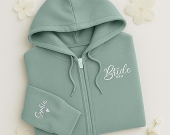 Sudadera con cremallera y bordado para dama de honor, sudadera con monograma personalizado para novia, jersey personalizado para la fecha de boda, sudadera con capucha para la futura novia, regalos para despedidas de soltera