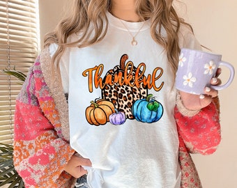 Retro Autumn Season Pumpkin T Shirt, Vintage Fall Comfort Colors Shirt, Leopard Print Thankful Graphic Tee, Halloween PetALineDesign Gifts