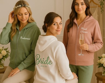 Sudadera con cremallera y bordado para dama de honor, sudadera con monograma personalizado para novia, jersey personalizado para la fecha de boda, sudadera con capucha para la futura novia, regalos para despedidas de soltera
