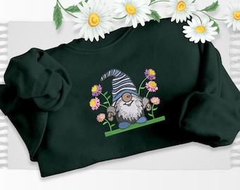 Gnome Sweatshirt, Embroidered Garden Gnome Design Crewneck Sweater, Beautiful Floral Jumper, Comfy Pullover Sweater, Cottagecore Clothing