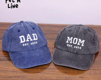 Custom Embroidered Mom and Dad Hat, Personalised Dad Est Date Baseball Cap, Pregnancy Reveal Gifts, Vintage New Mom Hat, Mother's Day Gifts