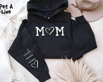 Felpa con cappuccio personalizzata per la mamma, felpa con cappuccio personalizzata per la mamma con nome per bambini sulla manica, maglione per la mamma con stampa a cuore, felpa con cappuccio minimalista per la mamma, regali per la festa della mamma
