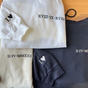 Roman Numeral Hoodie, Custom Embroidered Anniversary Hoody, GF BF Matching Couple Sweatshirt, Personalised Initial Memorial Date Wife Jumper image 2