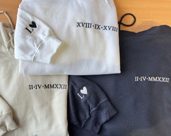 Personalised Embroidered Roman Numeral Hoodies, Anniversary Date Matching Couple Hoody, Wife Initial Pullover Jumper, GF BF Partner Sweater