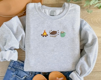 S'mores Trio Crewneck Sweatshirt, Embroidered Fall Bonfire Sweater, Cozy Campfire Sweatshirt, Marshmallow Lover Jumper, Camping Gift for Her