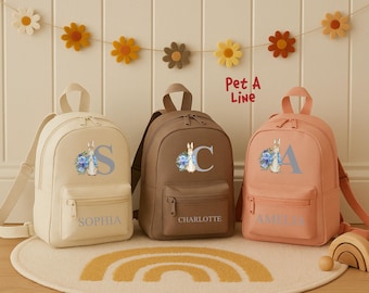 Mochila personalizada con nombre para niños, mochila escolar con inicial de conejito personalizada, mochila para la vuelta al cole, bolsa de guardería para niños pequeños, regalo para hija