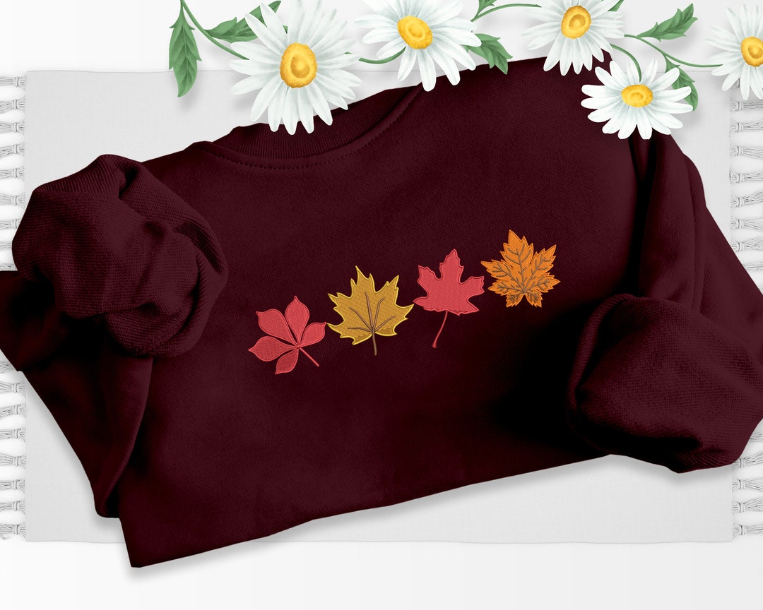 Vintage Fall Sweater, Embroidered Autumn Leaves Crewneck Sweatshirt