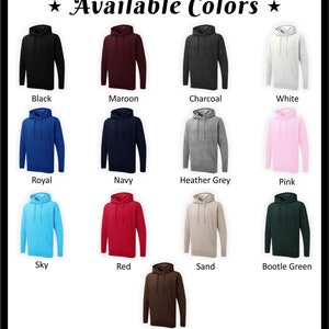 Peut inclure: Un tableau pr&eacute;sentant 12 couleurs diff&eacute;rentes de sweat-shirts &agrave; capuche. Les couleurs sont&nbsp;: noir, marron, anthracite, blanc, bleu royal, bleu marine, gris chin&eacute;, rose, bleu ciel, rouge, sable, vert bouteille et marron.
