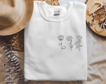 Embroidered Custom Birth Month Flower Sweatshirt, Wildflower With Name Sweater, Crewneck Jumper, Cottagecore Floral Shirt, Mom Dad Nana Gift