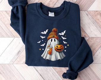 Cute Ghost Sweatshirt, Halloween Pumpkin Spice Sweater, Vintage Spooky Ghost Printed Jumper, Autumn Fall Sweater, Halloweeen Gifts for Her