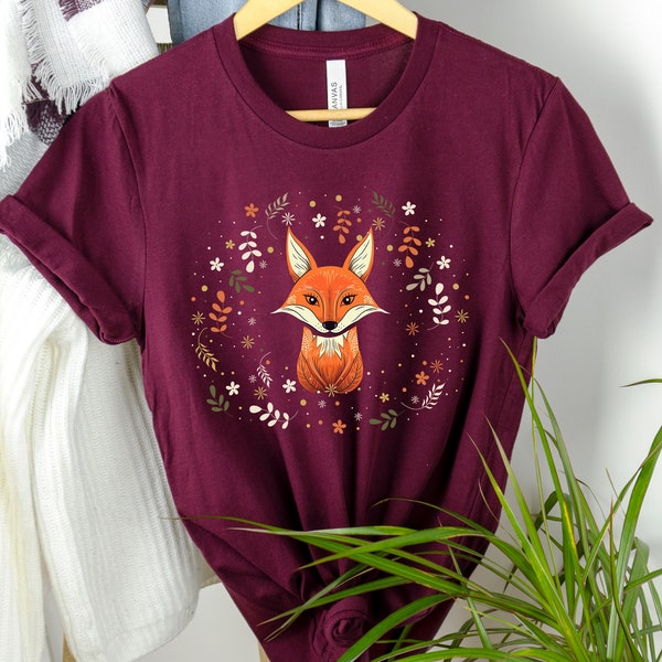 Red Fox Cottagecore Tshirt, Aesthetic Flower Printed Shirt, Vintage Fox Design Women Tshirt, Nature Wildlife Forestcore Animal Lover Tee Top