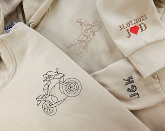 Sudadera con capucha para motociclistas, sudadera con capucha con retrato bordado, regalo para amantes de las motos, sudaderas a juego personalizadas con iniciales para parejas.
