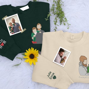 Personalized Dad Sketch from Photo Sweatshirt, Embroidered Family Portrait Sweater, Dad Photo with Sleeve initials, Fathers Day Gift for Dad