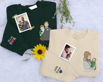 Sudadera personalizada con boceto de papá a partir de foto, suéter con retrato familiar bordado, foto de papá con iniciales en la manga, regalo del Día del Padre para papá