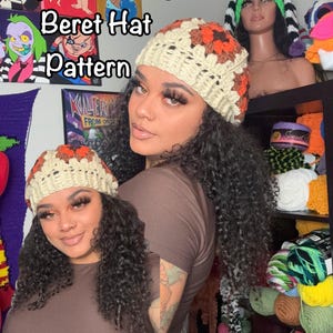 May include: A crochet beret hat pattern is shown, with a cream base and orange and brown square details. The text "Squared Away Beret Hat Pattern" is visible. The image also shows a person wearing the hat.