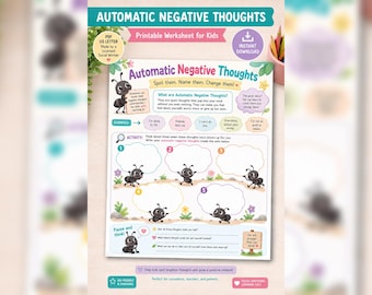 Puede incluir: Una hoja de trabajo imprimible para niños titulada "Pensamientos Negativos Automáticos". La colorida página presenta hormigas de dibujos animados y solicita identificar y cambiar los pensamientos negativos. Incluye cuadros de texto para escribir.
