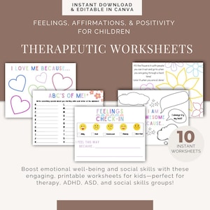 Feelings & Affirmations Worksheets for Kids -INSTANT DOWNLOAD - Coloring sheets, Therapy, School, Elementary, 1st Grade Worksheets, Children