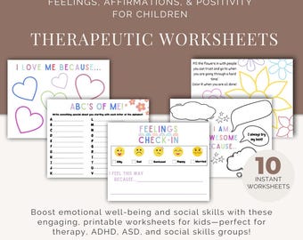 Feelings & Affirmations Worksheets: Kids Therapy, Mindfulness (Instant Download)