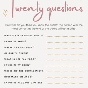 Bridal shower and bachelorette 20 questions game