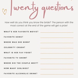 Bridal shower and bachelorette 20 questions game