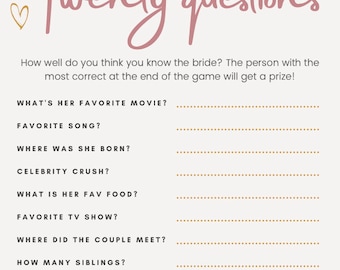 Bridal shower and bachelorette 20 questions game