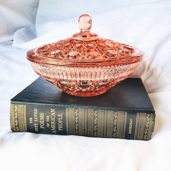 Vintage Indiana Glass Pink Windsor Lidded Candy Dish Jewelry Holder Vanity Organizer