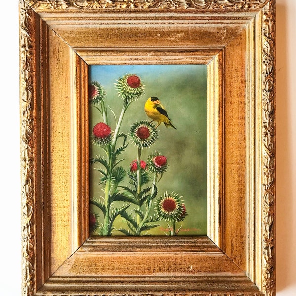 Vintage Oil Painting Scott Gleason Original Framed Oil Painting Bird Artwork Thistle Plant Goldfinch