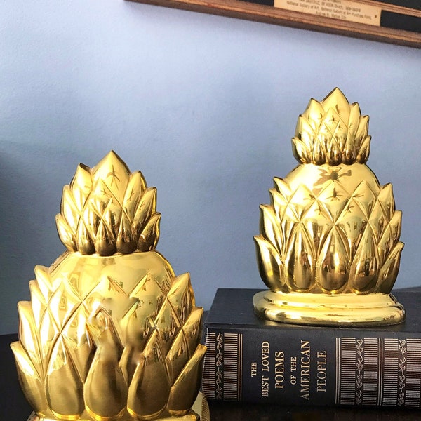 Brass Bookends (Set Of Two) Vintage Solid Lacquered Brass Pineapple Bookends Brass Decor Book Holder Vintage Bookend Pineapple Decor