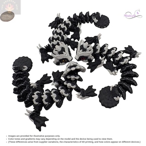 May include: A black and white articulated dragon toy, with a segmented body and detailed features. The dragon is posed in a dynamic, curved shape, showcasing its intricate design. The toy is made of plastic and has a textured surface.