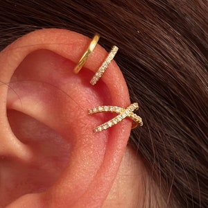 Orejera de oro, pendientes sin piercing, concha de hélice falsa, envoltura de orejas de oro de 18k sobre 925, pendiente de cartílago de hélice CZ, regalo para ella