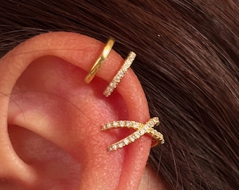 Gold Ear Cuff, No Piercing Earrings, Fake Helix Conch, 18k Gold over 925 Silver Ear Wrap, CZ Helix Cartilage Earring, Gift for Her