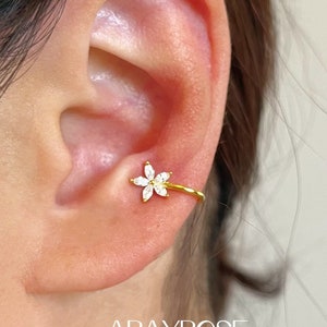 Punho de orelha de flor, concha de hélice falsa, brincos sem piercing, envoltório de orelha, brinco de cartilagem de hélice CZ pave, ouro 18k, prata 925, presente para ela