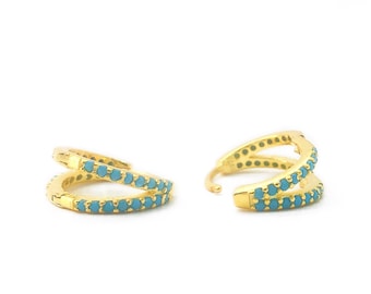 Double Hoop Earrings, Turquoise Duo Pave Hoops, Gold, Sterling Silver Pave Huggie Hoops, Diamond Earrings, Hypoallergenic Minimalist Jewelry