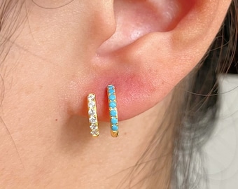 Double Hoop Earrings One Piercing, Turquoise Fake Second Piercing Huggie Hoops, Duo Helix Hoop, 18K Gold over 925 Sterling Silver