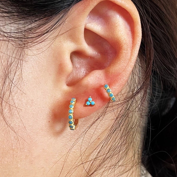 Turquoise Earring Stack Gift Set, Turquoise Stud Earrings, Huggie Hoops, Gift for mom, Minimalist Earrings, Christmas Jewelry