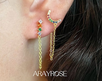 Chain Stud Earrings, Rainbow Chain Earrings, Gold over Sterling Silver, Hypoallergenic Jewelry, Gift For Her