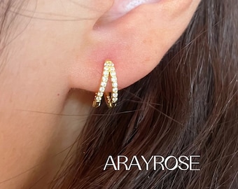 Double Hoop Earrings, Duo Pave Hoops, Gold, Sterling Silver Pave Huggie Hoops, Diamond Earrings, Hypoallergenic Minimalist Jewelry