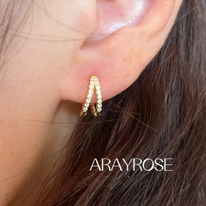 Double Hoop Earrings, Duo Pave Hoops, Gold, Sterling Silver Pave Huggie Hoops, Diamond Earrings, Hypoallergenic Minimalist Jewelry