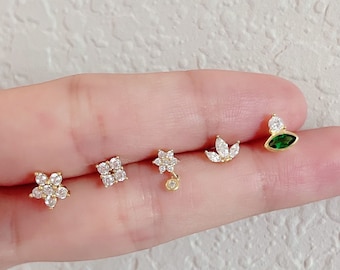 Lotus Cartilage Earring, Snowflake Studs, Square studs, Emerald Studs, Star Flower, 18K Gold 925 silver, hypoallergenic Minimalist Earrings
