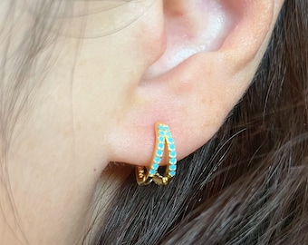 Double Hoop Earrings, Turquoise  Duo Pave Hoops, Gold, Sterling Silver Huggie Hoops, Diamond Earrings, Hypoallergenic Minimalist Jewelry